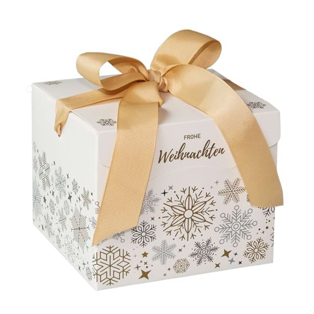 Weihnachtliche Geschenkschachtel mit Schneekristallev in Gold und Silber. Das Besondere ist das integrierte goldene Band.