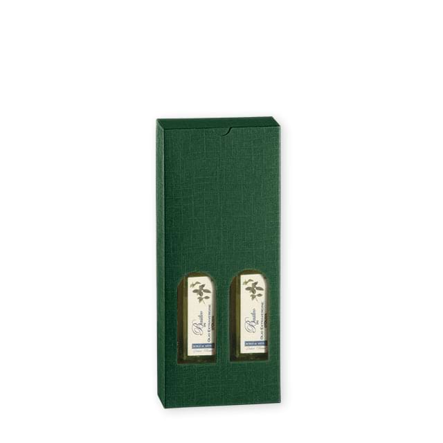Flaschentragekarton Petit Seta Verde mit Sichtfenster, z.B. für 2 Olivenölflaschen