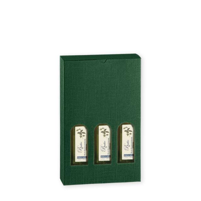 Flaschentragekarton Petit Seta Verde mit Sichtfenster, z.B. für  3 Olivenölflaschen