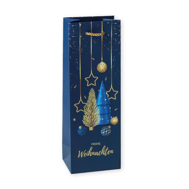 Flaschentragetasche für Wein- und Sektflaschen in Dunkelblau mit Tannenbaum-Motiv, goldenen Sternen und goldenen Kordeln zu Weihnachten