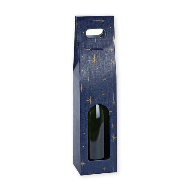 Flaschentragekartons Night, in Dunkelblau mit goldenem Sternen-Motiv, für 1 Flasche mit Sichtfenster und Tragegriff