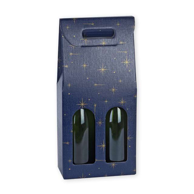 Flaschentragekartons Night, in Dunkelblau mit goldenem Sternen-Motiv, für 2 Flaschen mit Sichtfenster und Tragegriff