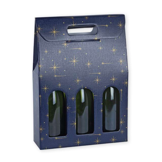 Flaschentragekartons Night, in Dunkelblau mit goldenem Sternen-Motiv, für 3 Flaschen mit Sichtfenster und Tragegriff