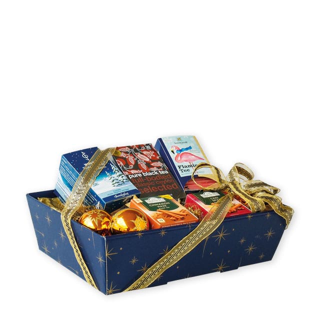 Geschenkschalen Night in Dunkelblau mit goldenem Sternen-Motiv; Klarsichtdeckel kann dazu extra bestellt werden. Dekorationsbeispiel!