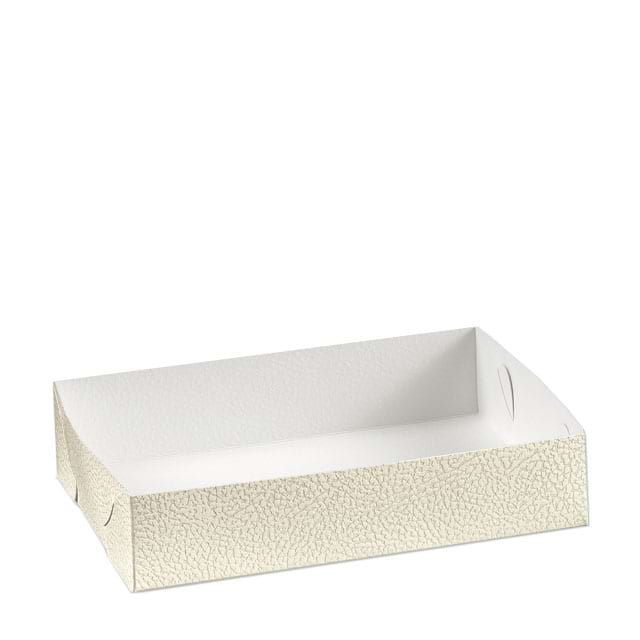 Geschenkschale Pelle Bianco in creme-weißer Lederoptik, innen weiss, mit seitlichen Einstecklaschen, mit oder ohne Klappdeckel