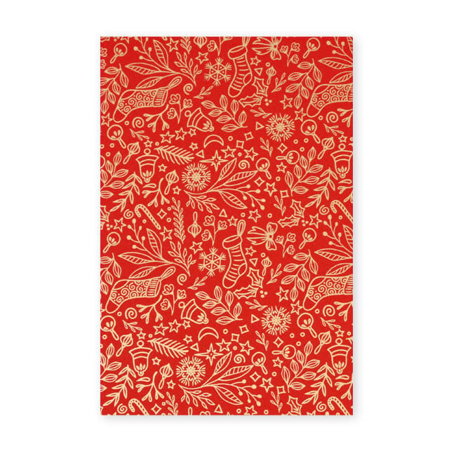 Geschenkpapier Weihnachten in Rot mit süßen Weihnachtsdekorationen in Gold, ab 25 Bogen, sofort lieferbar