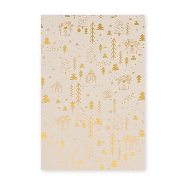 Weihnachts-Geschenkpapier mit goldenen Tannenbäumen und kleinen Häusern, ab 25 Bogen, sofort lieferbar