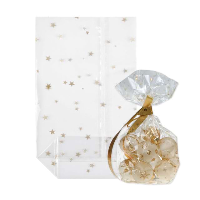 Hochtransparenter Kreuzbodenbeutel mit goldenen Sternen aus Polypropylen mit Siegelnaht