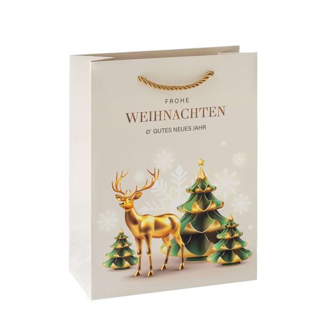 Elegance Christmas Time, Weihnachtstasche mit winterlichem Hirsch-Motiv - Hochformat, ab 25 Stück