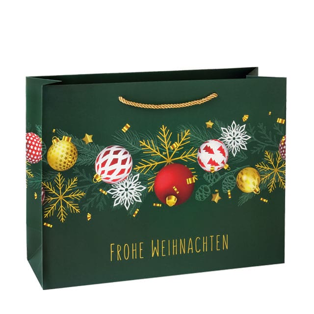 Festliche Geschenktasche in Dunkelgrün mit Weihnachtskugeln-Motiv, ab 25 Stücjk
