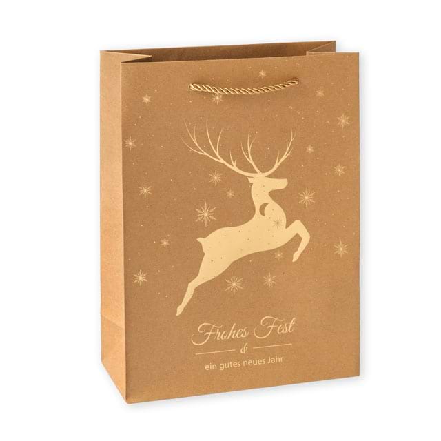 Weihnachtstüten Elegance Hirsch aus naturbraunem Kraftpapier und goldener Prägung, ab 25 Stück