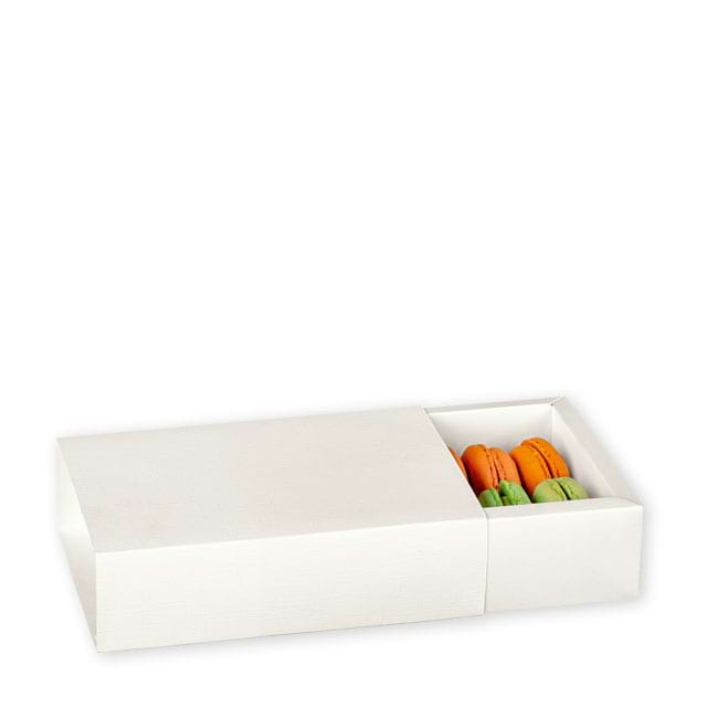 Pralinenschachteln Cassetto Quadretto Fibra Bianco, z.B. für ca. 4 Macarons;  wird ohne Dekoration geliefert