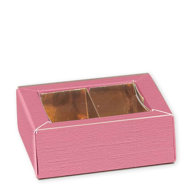 Pralinenschachteln Fibra Fuchsia mit Klarsichtschuber und Einlage in gold, für ca. 2 Pralinen