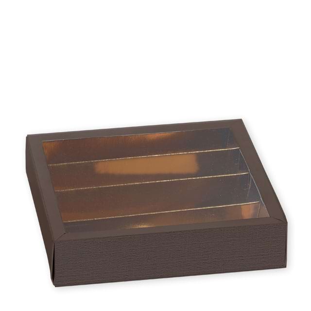 Pralinenschachteln Fibra Marrone mit Klarsichtschuber und Einlage in Gold -  4 Reihen