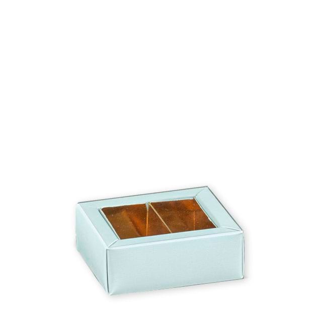 Pralinenschachteln Lino Azzurro mit Klarsichtschuber und Einlage in gold, für ca. 2 Pralinen