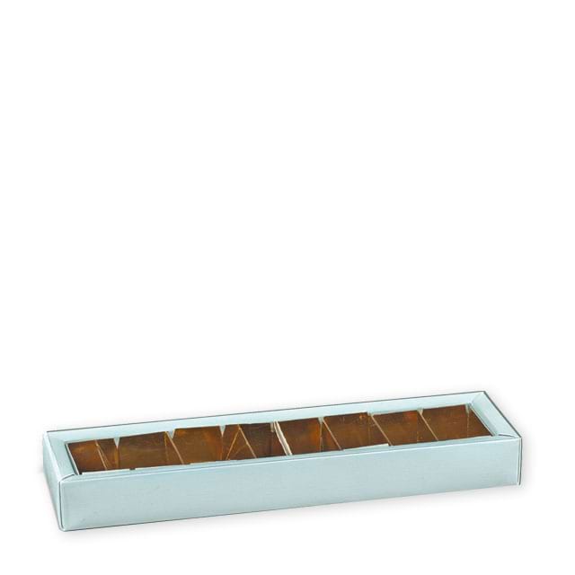 Pralinenschachteln Lino Azzurro mit Klarsichtschuber und Einlage in gold, für ca. 8 Pralinen