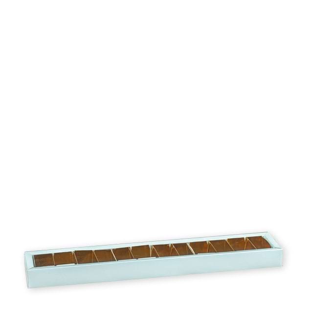 Pralinenschachteln Lino Azzurro mit Klarsichtschuber und Einlage in gold, für ca. 12 Pralinen
