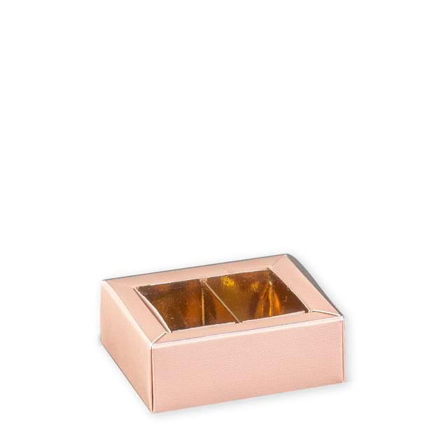 Pralinenschachteln Lino Cipria mit Klarsichtschuber und Einlage in gold, für ca. 2 Pralinen