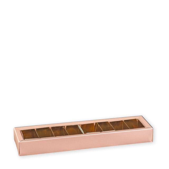Pralinenschachteln Lino Cipria mit Klarsichtschuber und Einlage in gold, für ca. 8 Pralinen