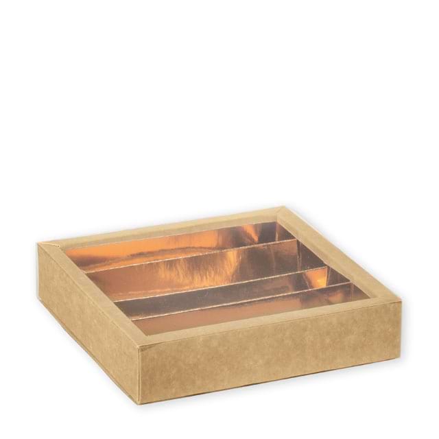 Pralinenschachteln Nature mit herausnehmbarer Einlage in Gold und Klarsichtschuber, 4 Reihen