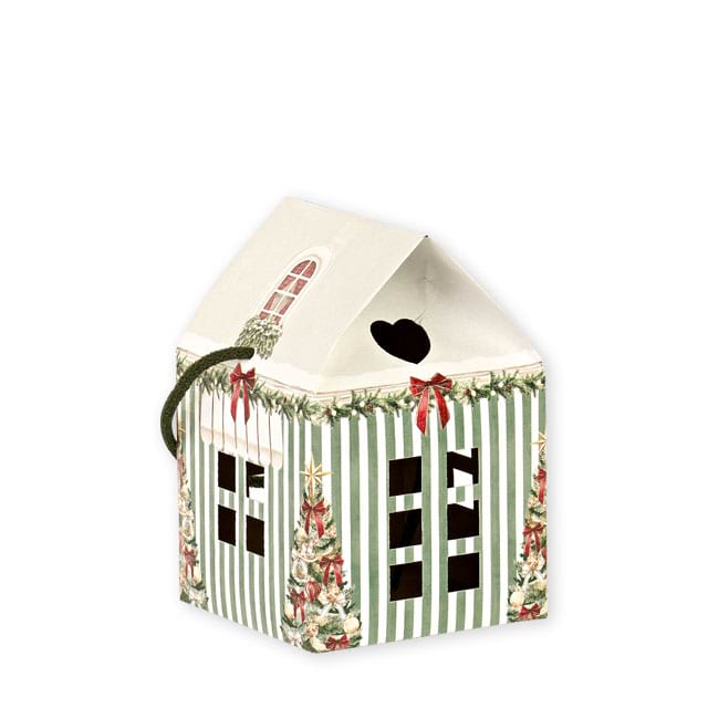 Festlicher Tragekarton in Hausform mit gürn-weisser Fassade, Format 120 x 120 x 110 mm