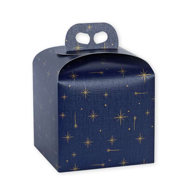 Weihnachtliche Geschenktragekartons in dunkelblau mit goldenen Sternen, Format 200 x 200 x 180 mm