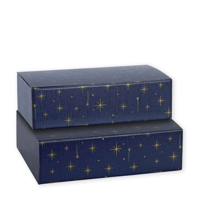 Weinkartons Unica Night für 2 bis 3 Flaschen, in dunkelblauer Leinenoptik mit goldenen Sternen; mit Klappdeckel und fester Inneneinrichtung, ab 30 Stück - Perfekt für Weihnachten!