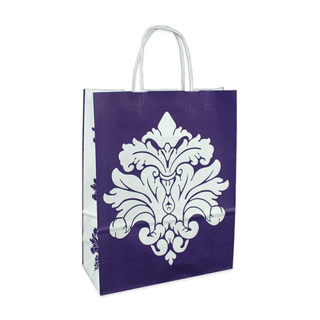 Papiertasche Modell Torino Hochformat aus weißem Kraftpapier mit gedrehten Papierkordeln in weiß. Motiv violett-weiß. Ab 500 Stück mit Ihrem Logo!