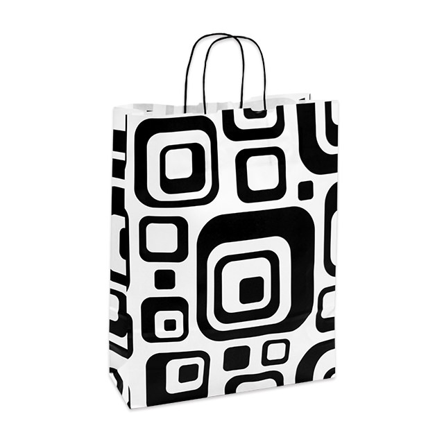 Papiertasche Modell Torino aus weißem Kraftpapier mit gedrehten Papierkordeln in schwarz. Ab 500 Stück mit Ihrem Logo!