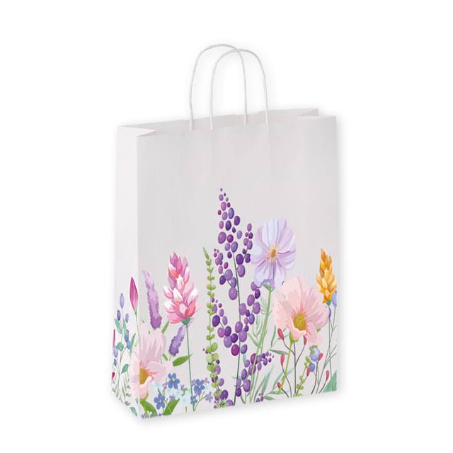 Papiertasche Modell Torino aus Kraftpapier weiß mit gedrehten Papierkordeln - Hochformat. Ab 500 Stück mit Ihrem Logo!