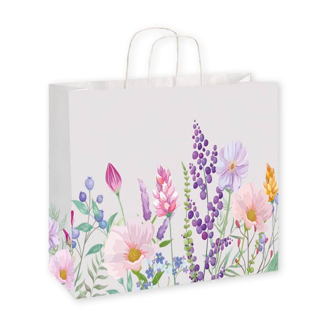 Papiertasche Modell Torino aus Kraftpapier weiß mit gedrehten Papierkordeln - Querformat. Ab 500 Stück mit Ihrem Logo!