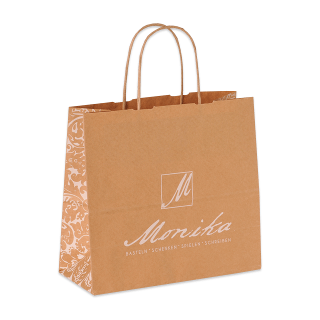 Design Papiertasche Torino: Weißer Druck auf braunem Papier mit akzentuierten Seitenfalten