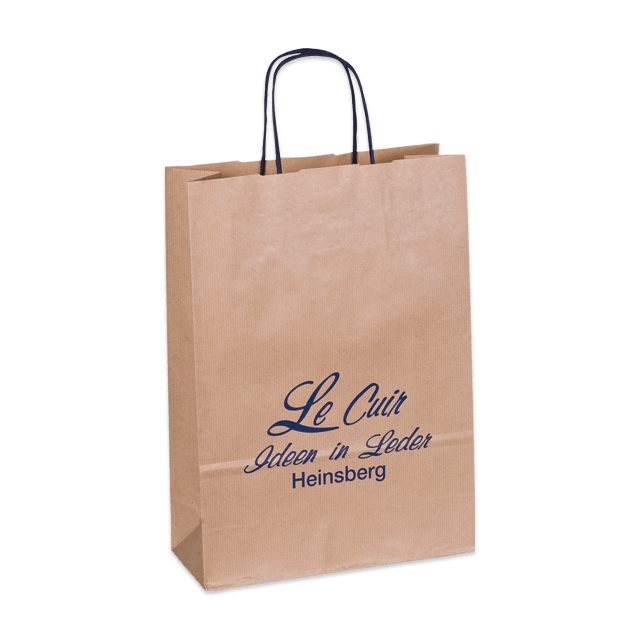 Recyclingfähige-Papiertasche Torino aus braunem geripptem Kraftpapier mit dunkelblauen Papierkordeln