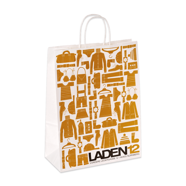 Papiertasche Torino für Modegeschäfte aus 100 g/qm weißem Kraftpapier