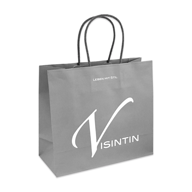 Weiße Papiertasche Torino aus geripptem Kraftpapier mit eleganten dunkelgrauen Baumwollkordeln