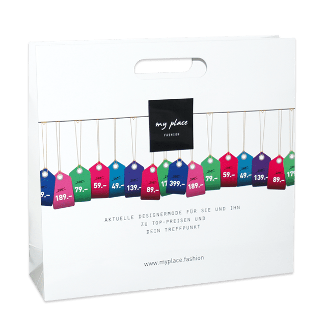 Hochwertige Designer Papiertasche: 190 g/qm gestrichenes Papier mit ovalem Griffloch
