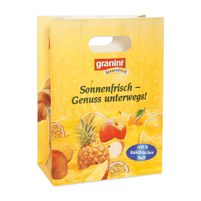 Brillianter 4-farbiger Flexodruck auf Papiertasche Prestige mit ovalem Griffloch