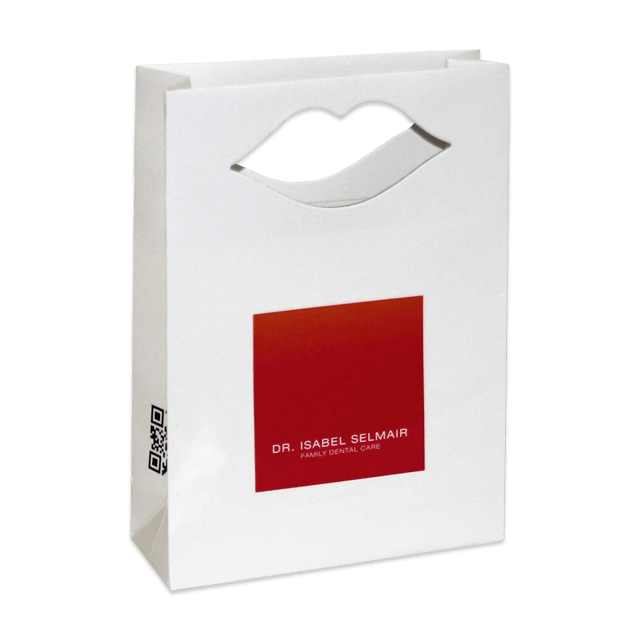Designer Papiertasche Prestige im Kussmund-Format mit Griffloch und glänzender Laminierung – ein Eyecatcher