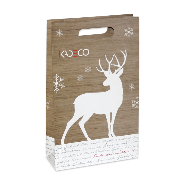 Weihnachtlich bedruckte Papiertasche Prestige mit ovalem Griffloch – für die Saison