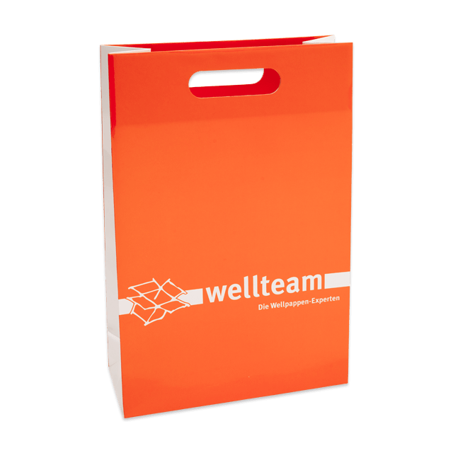 Auffällige Werbetasche Prestige: Knalliger Orangeton im Druck mit ovalem Griffloch
