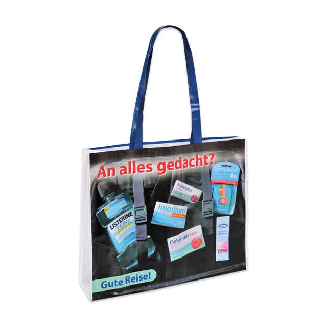 Hochwertige Non-Woven-Tasche: 4-farbiger Offsetdruck, glänzende Laminierung und lange Henkel