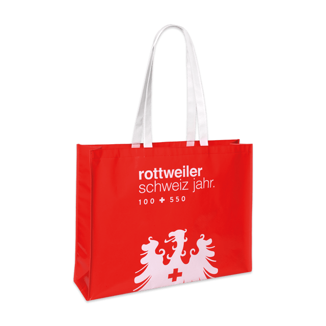 Strapazierfähige Non-Woven-Tasche: Roter Vollflächendruck mit weißem Logo für den Schweizer Markt