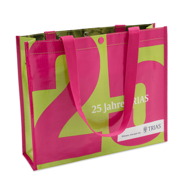 Non-Woven-Tasche für Verlage: Pinke Einsäumung, glänzende Laminierung und Druckknopf-Verschluss