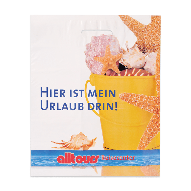  Reiseveranstalter DKT-Tasche: Weiß LDPE, 50my Standard mit 5-farbigem Bilderdruck