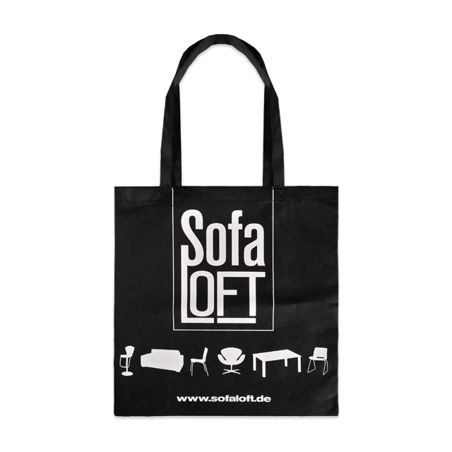 Stofftasche Montana für Möbelgeschäfte: Schwarzes PP Non-Woven, 1c bedruckt, mit langen Henkeln