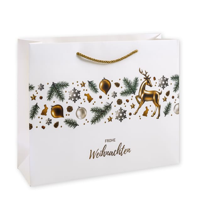 Exklusive Papiertasche Modell Elegance mit matter Laminierung und kurzen Kordeln in gold, Querformat. Ab 500 Stück mit Ihrem Logo!