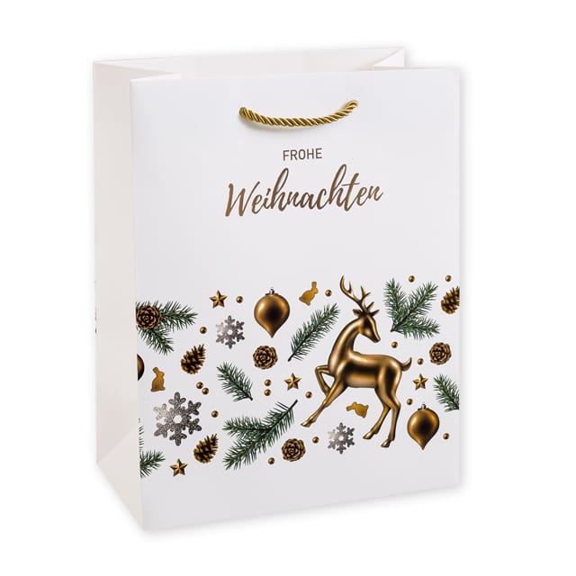 Exklusive Papiertasche Modell Elegance mit matter Laminierung und kurzen Kordeln in gold, Hochformat. Ab 500 Stück mit Ihrem Logo!