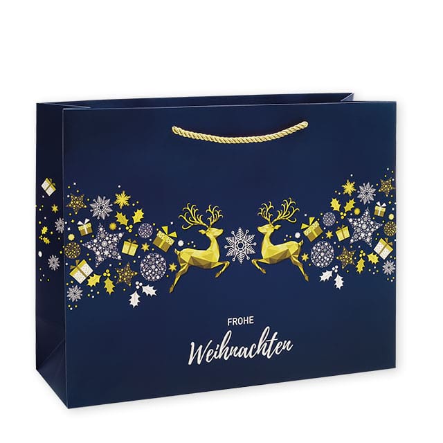 Exklusive Papiertasche Modell Elegance mit glänzender Laminierung und kurzen Kordeln in gold. Ab 500 Stück mit Ihrem Logo!