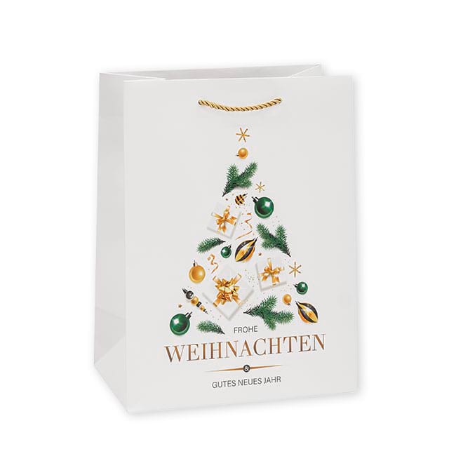 Exklusive Papiertasche Modell Elegance mit matter Laminierung und kurzen Kordeln in gold. Ab 500 Stück mit Ihrem Logo!