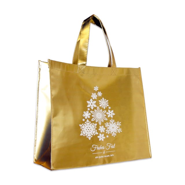 Permanenttasche Modell Kansas aus PP-Non Woven mit Alukaschierung und kurzen Henkeln in gold. Ab 1.000 Stück mit Ihrem Logo!